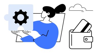 Teçhizat bulmacası parçası, kredi kartlı cüzdan, bulut. Takım çalışması, finans, teknoloji, problem çözme, iş stratejisi planlama bankacılığı için ideal. Satır metaforu