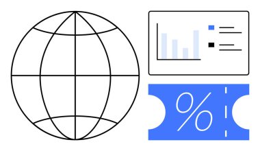 Çubuk grafik ve yüzde sembolünün yanındaki minimalist küre. Küresel ticaret, veri analizi, finans, ekonomi, indirimler, iş büyümesi, küreselleşme için ideal. Soyut çizgi düz metafor