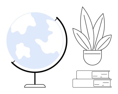 Küre, istiflenmiş kitaplar ve saksı bitkisinin yanında duruyor. Eğitim, coğrafya, doğa, sürdürülebilirlik, bilgi, seyahat ve minimalist tasarım temaları için idealdir. Modern soyut çizgi düz metafor