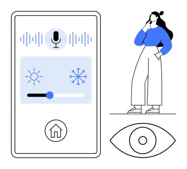 Ses kontrol mikrofonuyla akıllı telefon arayüzü, sıcaklık ayarları kaydırıcı ve ev düğmesi. Çizgiler ve mavi aksanlar. Akıllı ev yönetimi, otomasyon, teknoloji, enerji verimliliği için ideal