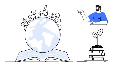 Toprak ve bitkilerin olduğu açık bir kitap, insanları işaret eden, saksı bitkisi. Eğitim, çevre bilinci, sürdürülebilirlik, büyüme, küresel öğrenme, bilgi paylaşımı için ideal