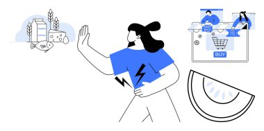 Karın tutarken süt ürünlerini ve balıkları reddeden bir kadın. Tablet ekranı online market alışverişini gösteriyor. Diyet, sağlık, e-ticaret, beslenme, sağlık ve çevrimiçi alışveriş seçenekleri için ideal. Çizgi