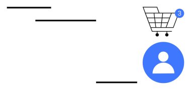 Üç tebligat ve şahıs ikonu ile alışveriş arabası simgesi. E-ticaret, tüketici davranışı, çevrimiçi perakende satış, internet alışverişi, kullanıcı etkileşimi, dijital pazarlama ve bildiriler için ideal. Çizgi