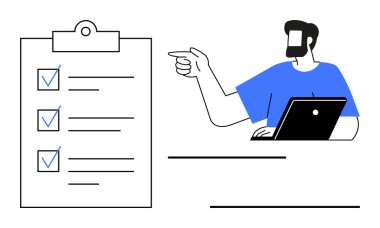 Dizüstü bilgisayarı olan bir adam işaretlenmiş görevleri olan büyük bir kontrol listesi panosunu işaret ediyor. Verimlilik, verimlilik, görev yönetimi, organizasyon, takım çalışması, planlama, iş akışı optimizasyonu için ideal. Soyut