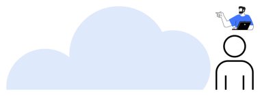 Bulutu işaret eden kişi, büyük mavi soyut bulut simgesi ve sadeleştirilmiş insan figürü. Bulut hesaplama, veri depolama, teknoloji entegrasyonu, uzaktan çalışma, dijital dönüşüm, teknoloji için ideal