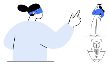 VR kulaklık kullanan biri holografik arayüzü işaret ediyor, düşünen genç bir kadın, alışveriş arabasındaki üç boyutlu nesne. Teknoloji, VRAR, yenilik, e-ticaret, fütüristik kavramlar için ideal