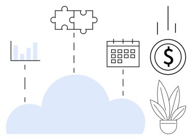 Bulmaca parçaları, bar grafiği, takvim, dolar sembolü, saksı bitkisine bağlı çizgi bağlantıları olan bulut. Bulut hizmetleri, iş stratejisi, mali büyüme, takım çalışması verimlilik planı için ideal