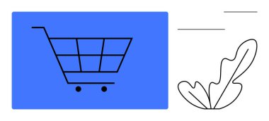 Mavi bir dikdörtgen, soyut yaprak tasarım elemanı ve yatay çizgiler içinde alışveriş arabası simgesi. E-ticaret için ideal, çevrimiçi mağazalar, alışveriş uygulamaları, tasarım minimalizmi, dijital ticaret, kullanıcı