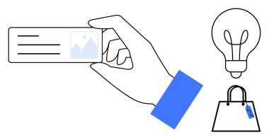 İmaj tutuculu el kartı, fikirleri temsil eden ampul, etiketli alışveriş çantası. İş, yaratıcılık, ticaret, markalaşma, yenilik, pazarlama ve kimlik için ideal