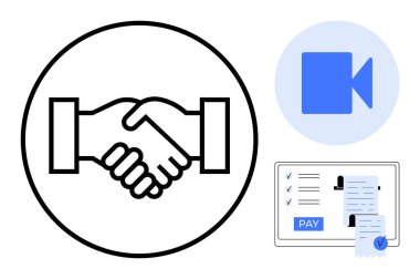 Anlaşmayı gösteren tokalaşma simgesi, video çağrı sembolü ve dijital ekranda ödeme düğmesi olan fatura. İş anlaşmaları için ideal, uzak çalışma, sanal toplantılar, çevrimiçi işlemler, e-ticaret