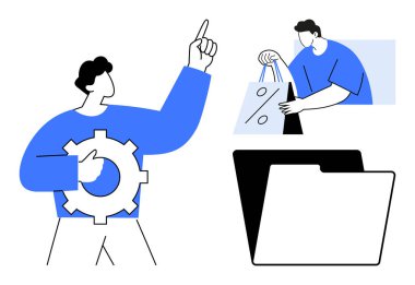 İş adamları vites yükseltirken, yanında da yüzde işareti ve açık klasörü olan alışveriş torbaları taşıyor. İş, yönetim, alışveriş, organizasyon için ideal