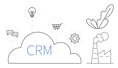 Konuşma baloncukları, ampul, alışveriş arabası ve vites simgeleriyle CRM bulutu. Kirlilik ve eko yaprak kontrastlı bir fabrika. Müşteri ilişkileri yönetimi, yenilik, e-ticaret, verimlilik için ideal