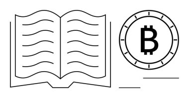 Bitcoin para sembolünün yanında metin satırları olan açık bir kitap. Eğitim, finans, kripto para birimi, engelleme teknolojisi, çevrimiçi öğrenme, dijital işlemler ve ekonomik büyüme için ideal. Satır metaforu