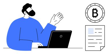 Mavi gömlekli adam dizüstü bilgisayarda çalışıyor ve el kol hareketi yapıyor. Bitcoin sembolü ve yakınlardaki finansal belge. Kripto para birimi, finans, teknoloji, çevrimiçi eğitim, sunumlar, iş stratejisi için ideal