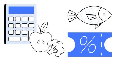 Elma, brokoli, balık ve indirim kuponunun yanında, market alışverişinde maliyet hesaplaması ve tasarrufu öneren bir hesap makinesi. Bütçe, finans, gıda maliyeti, indirimler, besin tasarrufu için ideal