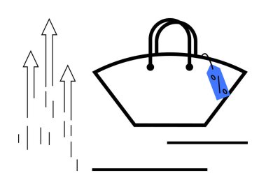Yükselen okların yanında fiyat etiketi olan bir alışveriş çantası. Perakende, satış artışı, pazar eğilimleri, moda endüstrisi, tüketici harcamaları, iş büyümesi, fiyatlandırma stratejileri için ideal. Soyut çizgi