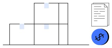 Bir depoya istiflenmiş kutular, evrak kağıtları ve bir dolar işareti ikonu. İkmal zinciri, lojistik, envanter, dosyalama sistemleri, mali yönetim, depolama çözümleri iş planlaması için ideal