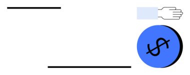 El, soyut siyah çizgilerle çevrili dolar işareti ile mavi daireye doğru uzanıyor. Finans, çaba, ödül, yatırım, tasarruf, iş parası yönetim temaları için ideal. Modern minimalist