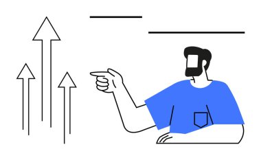 Sakallı ve mavi gömlekli bir adam yükselen okları işaret ederek büyümeyi ya da başarıyı gösteriyor. Ticari büyüme, başarı, yön, ilerleme, motivasyon, liderlik, hedef başarı kavramları için ideal