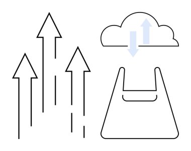 Oklar bir alışveriş çantasının içinde yukarı ve aşağı okları olan bir bulutun yanında yukarı doğru uzanıyor. Büyüme, ilerleme, veri senkronizasyonu, ekommerce, bulut depolama, teknoloji entegrasyonu, soyut çizgi düz