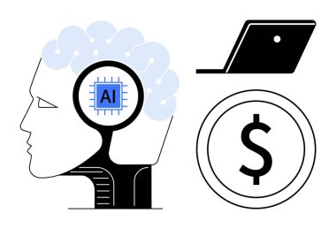 Profil başı, yapay zeka çipi, dizüstü bilgisayar ve dolar işareti. Teknoloji, yapay zeka, finans, insan bilişimi, dijital dönüşüm yeniliği modern ekonomi için idealdir. Soyut çizgi düz metafor