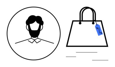 Mavi etiketli alışveriş çantasının yanında sakallı ve yakalı tişörtlü bir adamın dairesel portresi. Ecommerce, müşteri kimliği, çevrimiçi alışveriş, perakende pazarlama, tüketici davranışı, satış için ideal