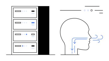 Data server rack next to human head detailing airflow pathway, highlighting efficient server cooling. Ideal for tech guides, server maintenance, data centers, HVAC systems, IT efficiency, airflow clipart