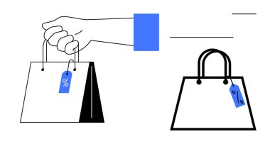 Üzerinde indirim etiketi olan el çantası, üzerinde fiyat etiketi olan başka bir çanta. Perakende satış, indirim, e-ticaret, satış etkinlikleri, tüketici davranışı, pazarlama promosyon teklifleri için ideal. Soyut satır düzlüğü