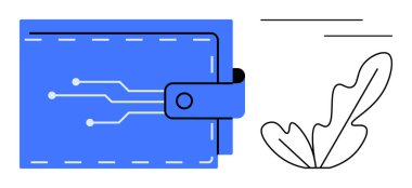 Devre çizgileri olan mavi dijital cüzdan, soyut siyah yaprak, yatay çizgiler. Dijital bankacılık, fintech, e-cüzdan, modern finans, eko-teknoloji minimalizm teknoloji dengesi için ideal. Soyut satır düzlüğü