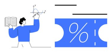 Individual pointing at x-y axis graph and mathematical equations, holding open book. Nearby, large percentage symbol on blue background. Ideal for education, finance, data analysis, discount clipart