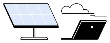 Güneş paneli, üzerinde bulut olan bir dizüstü bilgisayarın yanında temiz enerji üretiyor. Sürdürülebilirlik, teknoloji, yenilenebilir enerji, bulut hesaplama, çevre dostu, yeşil teknoloji, çevre