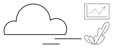 Analitik büyümeyi gösteren çizgili bulut çizgisi, sürdürülebilirliği tasvir eden bir yaprağın yanında. Teknoloji, veri analizi, bulut hesaplama, büyüme ölçümleri, çevre teknolojisi için ideal