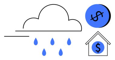 Mavi yağmur damlalı bulut, mavi daireli dolar sembolü ve ev ikonu. Finans, yatırım, sigorta, tasarruflar, ipotekler, ekonomik büyüme refah yönetimi için idealdir. Soyut çizgi düz metafor