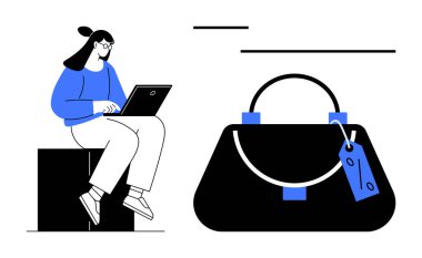 Dizüstü bilgisayarda çalışan bir kadın büyük bir el çantasının yanında oturuyor. E-ticaret, çevrimiçi alışveriş, moda, dijital yaşam tarzı, internet kullanımı, kadın aksesuarları, modern teknoloji için ideal. Soyut çizgi