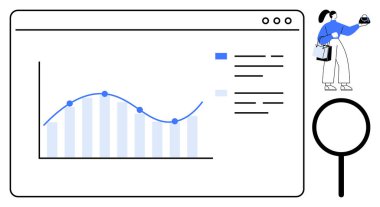 İş kadını, büyüteçle çizilmiş bir grafikle büyük ekranda gösterilen verileri analiz ediyor. Veri analizi, araştırma, iş stratejisi, analitik, bilgi teknolojisi için ideal