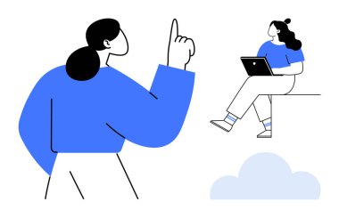 İki insan birbiriyle etkileşime girer, biri kendine güvenerek el kaldırırken diğeri de çıkıntıda dizüstü bilgisayarda çalışır. Takım çalışması, iletişim, beyin fırtınası, teknoloji, uzaktan çalışma, liderlik, eğitim için ideal. Çizgi