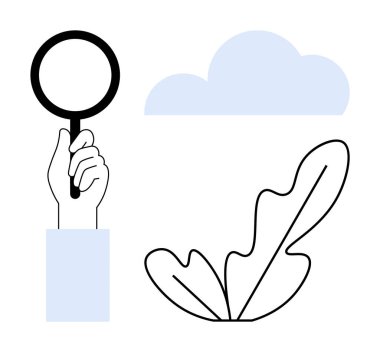 El ele tutuşan büyüteç, mavi bulut, siyah beyaz yaprak çizgisi. Araştırma, keşif, çevre, merak, analiz öğrenme ilhamı için ideal. Soyut çizgi düz metafor