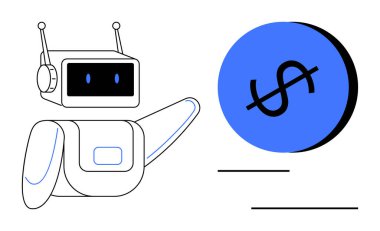 Antenli ve ekranlı bir robot, bir dolar işareti olan mavi bir madeni parayı işaret ediyor. Otomasyon, finans, yapay zeka geliştirme, yenilik, teknoloji, modern bankacılık, ekonomik kavramlar için idealdir. Düz soyut çizgi