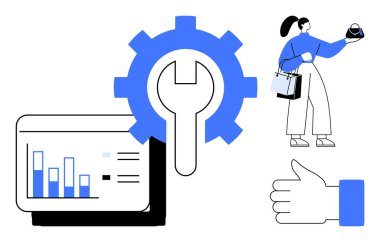 Çubuk çizelgesinin üzerinde araç simgesi, elinde alışveriş torbalarıyla saat tutan bir kadın, baş parmak işareti. İş analizleri, üretkenlik, zaman yönetimi, strateji, geliştirme, müşteri memnuniyeti için ideal