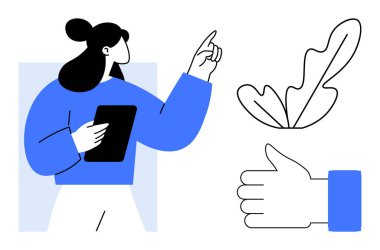 Tableti yukarı doğru tutan kadın başparmağı yukarıda ve yaprak elementlerini stilize ediyor. İş, teknoloji, yenilik, liderlik, onay, çevre dostu kavramlar, eğitim için idealdir. Soyut