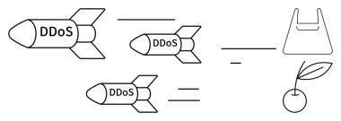 Üzerinde DDoS yazan füzeler plastik torba ve vişneye doğru uçuyor. Siber güvenlik, dijital saldırılar, ağ güvenliği, veri koruması, çevrimiçi tehditler, İnternet güvenliği, bilişim güvenliği için ideal