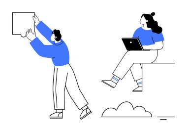 Bir kadın pervazda otururken dizüstü bilgisayar kullanıyor, erkek bir kutuya uzanıyor, küçük bir bulut sembolü. Uzaktan çalışma, takım çalışması, teknik çözümler, beyin fırtınası, bulut hesaplama, ofis kurulumu, verimlilik için ideal