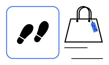 Mavi etiketli bir alışveriş çantasının yanındaki ayak sesleri ikonu. Perakende, alışveriş deneyimi, müşteri yolculuğu, e-ticaret, tüketici davranışı, piyasa araştırması, perakende stratejileri için ideal. Asgari