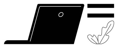 Sağa bakan dizüstü bilgisayar, sohbeti sembolize eden iki yatay çizgi, yaprak unsuru. İletişim, teknoloji, iş hayatı dengesi, dijital doğa entegrasyonu, modern iş, çevre dostu teknoloji