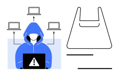 Uyarı işaretli dizüstü bilgisayarı kullanan kapüşonlu bir figür, dört bilgisayarı işaret eden oklar. Plastik torba çizgisi sağda. Siber güvenlik, veri ihlali, tehdit, hackleme, uyarı, çevrimiçi güvenlik için ideal