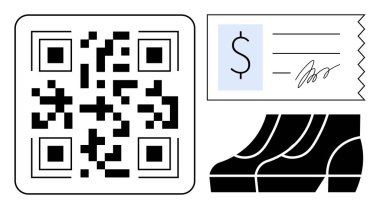 QR kodu, dolar işareti ve imzalı makbuz ve bir çift ayakkabı ikonu. Çevrimiçi alışveriş, e-ticaret, perakende işlemler, dijital ödemeler, tüketici malları, ürün alımı ve mali işlemler için ideal