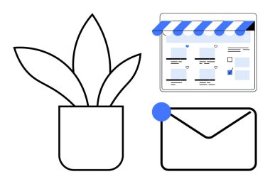Çizgili tenteli e-ticaret sayfası, bildirim noktalı zarf ve üç yapraklı saksı bitkisi. İş, iletişim, e-ticaret, çevrimiçi alışveriş, büyüme, bildirimler için ideal