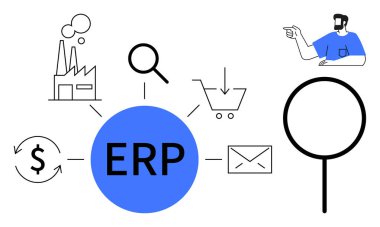 Fabrika, büyüteç, alışveriş arabası, dolar işareti, zarf ve insan dahil olmak üzere mavi çemberdeki ikonlara bağlı ERP. İş entegrasyonu, yazılım çözümleri, süreç yönetimi için ideal