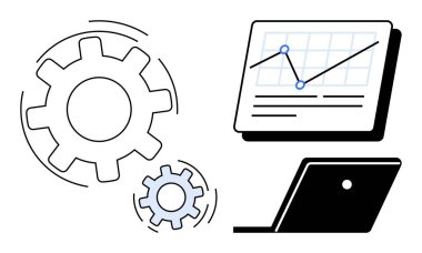 Dönen dişliler, ekranda veri noktaları olan grafikler ve dizüstü bilgisayar. Üretkenlik, ticaret, strateji, teknoloji, veri analizi iş akışı otomasyonu için idealdir. Basit soyut çizgi düz metaforu