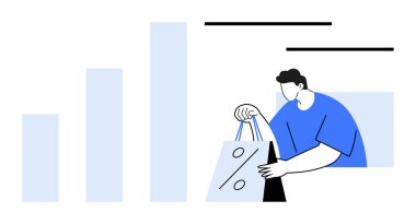 Üzerinde indirim sembolü olan alışveriş torbaları taşıyan mavi gömlekli bir adam, baro tablosunun hemen yanında. E-ticaret, çevrimiçi alışveriş, satış tanıtımı, pazarlama, finansal büyüme, tüketici